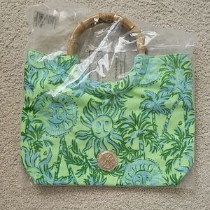 Lilly Pulitzer Green and Blue Tropical Tote With Bamboo Handles